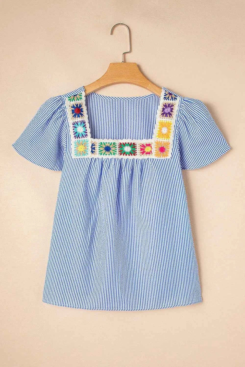 Stripe Textured Ruffle Short Sleeve Boho Detail Square Neck Blouse