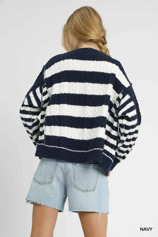 Umgee Cable-Knit Stripe Button-Up Cardigan
