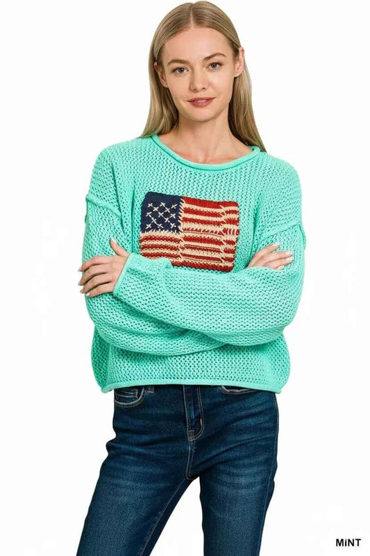 Zenana American Flag Crew Neck Sweater