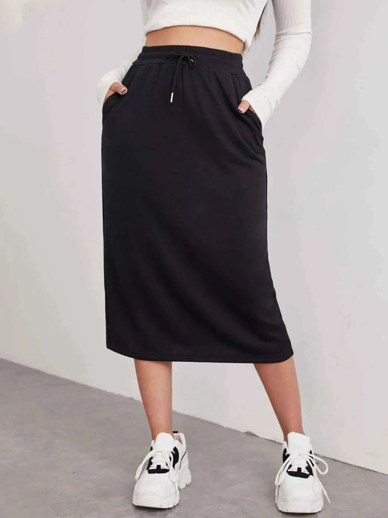 Slit Drawstring Midi Skirt
