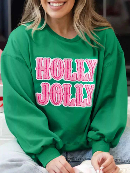 HOLLY JOLLY Towel Embroidered Christmas Holiday Sweatshirt