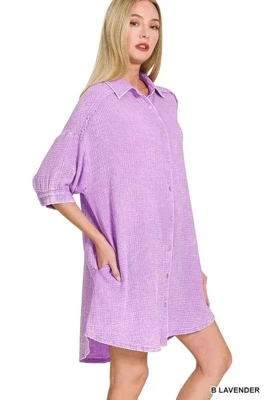Zenana Washed Double Gauze Button Down Shirt Dress