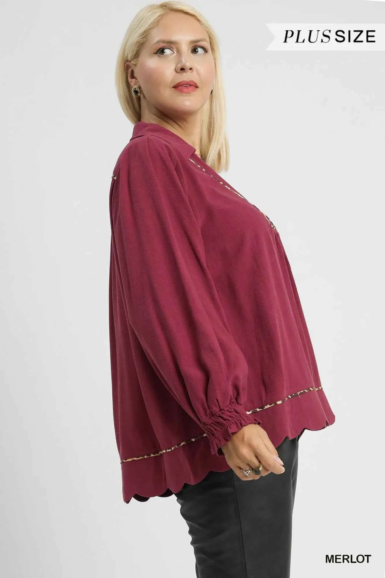 Umgee Full Size Linen Scallop Hem Blouse with Contrast Trim Plus Size