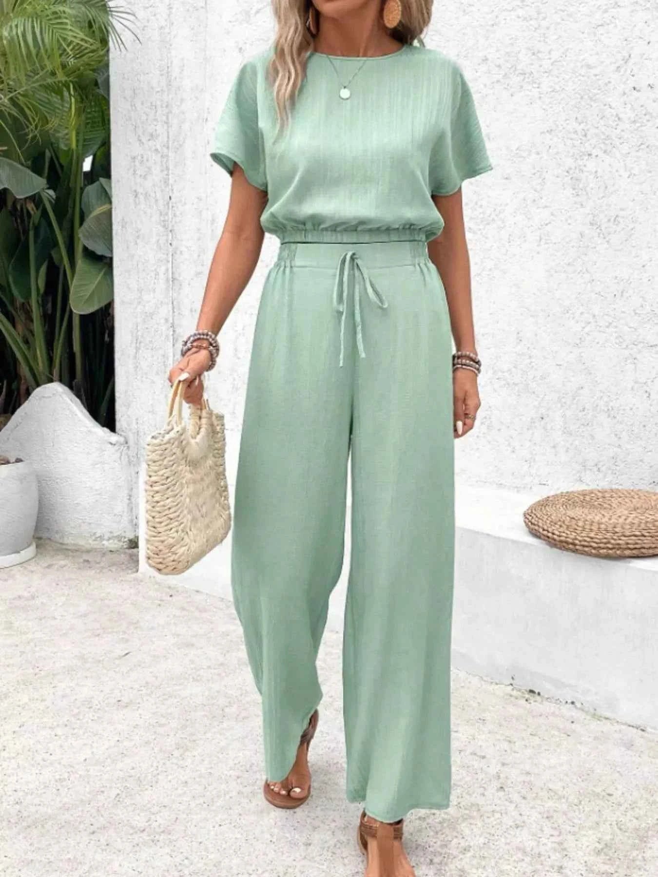 Round Neck Short Sleeve Top and Pants Set