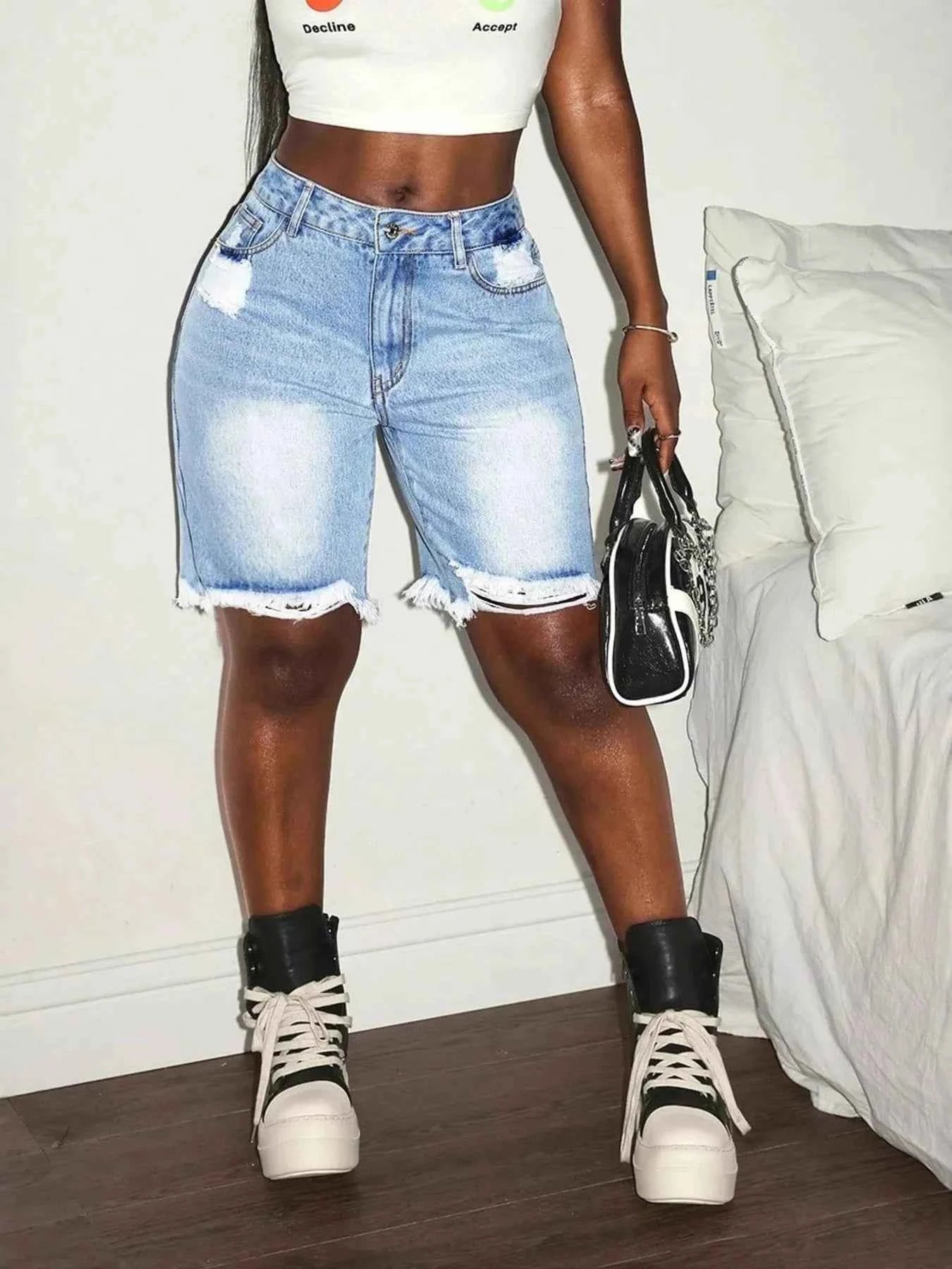 Distressed High Waist Frayed Hem Denim Shorts