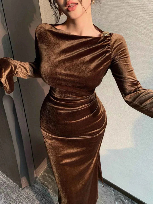 Velvet Ruched Bodycon Midi Dress