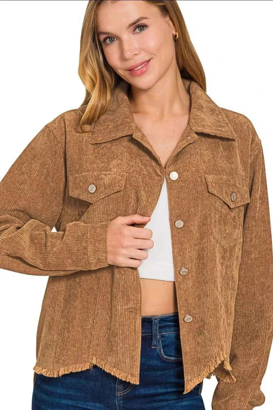 Zenana Distressed Corduroy Frayed Hem Cropped Jacket