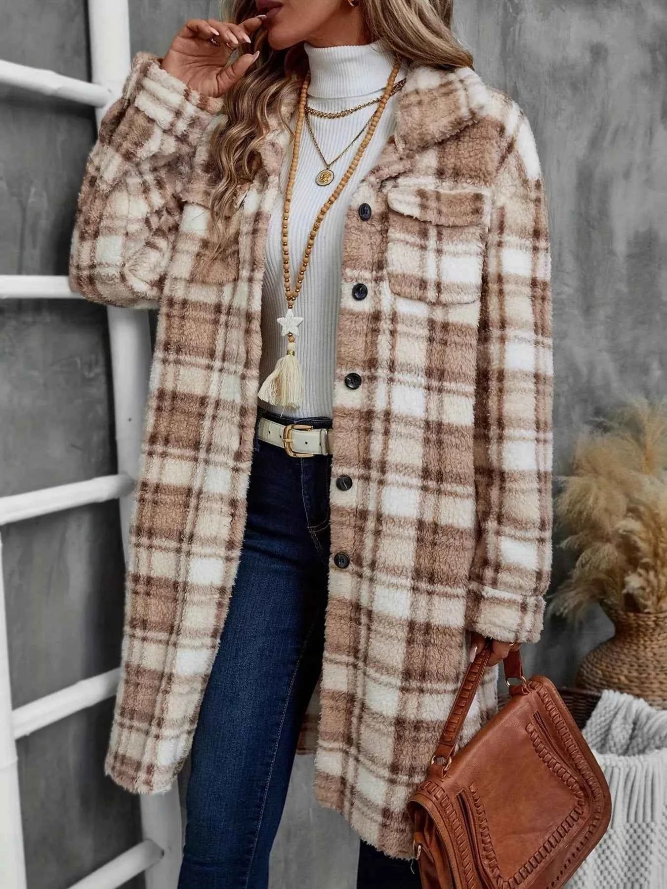 Plaid Fleece Button Up Longline Outerwear