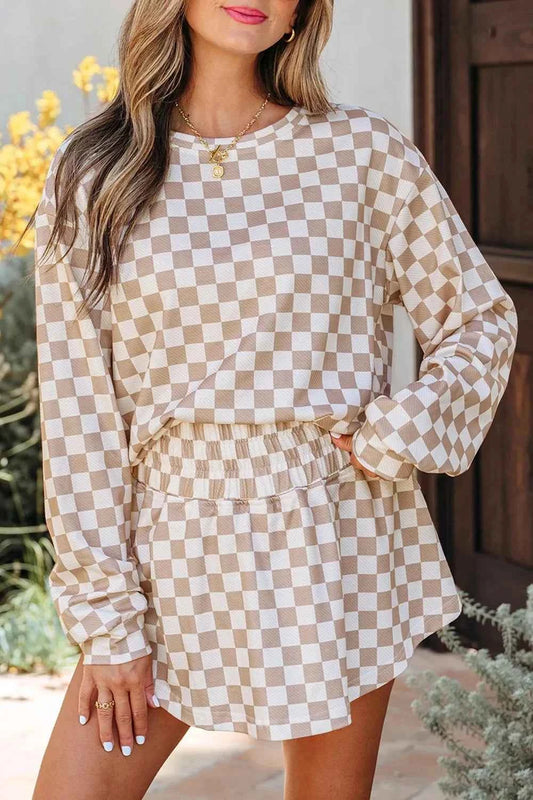 Checkered Long Sleeve Top and Skirt Two-Piece Set