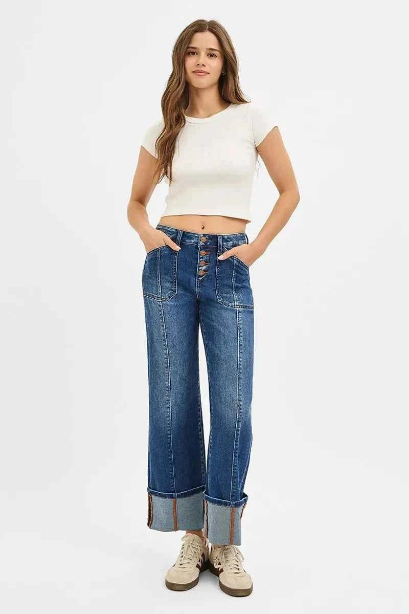 RISEN Full Size High Rise Crop Wide Straight Cuffed Jeans Plus Size