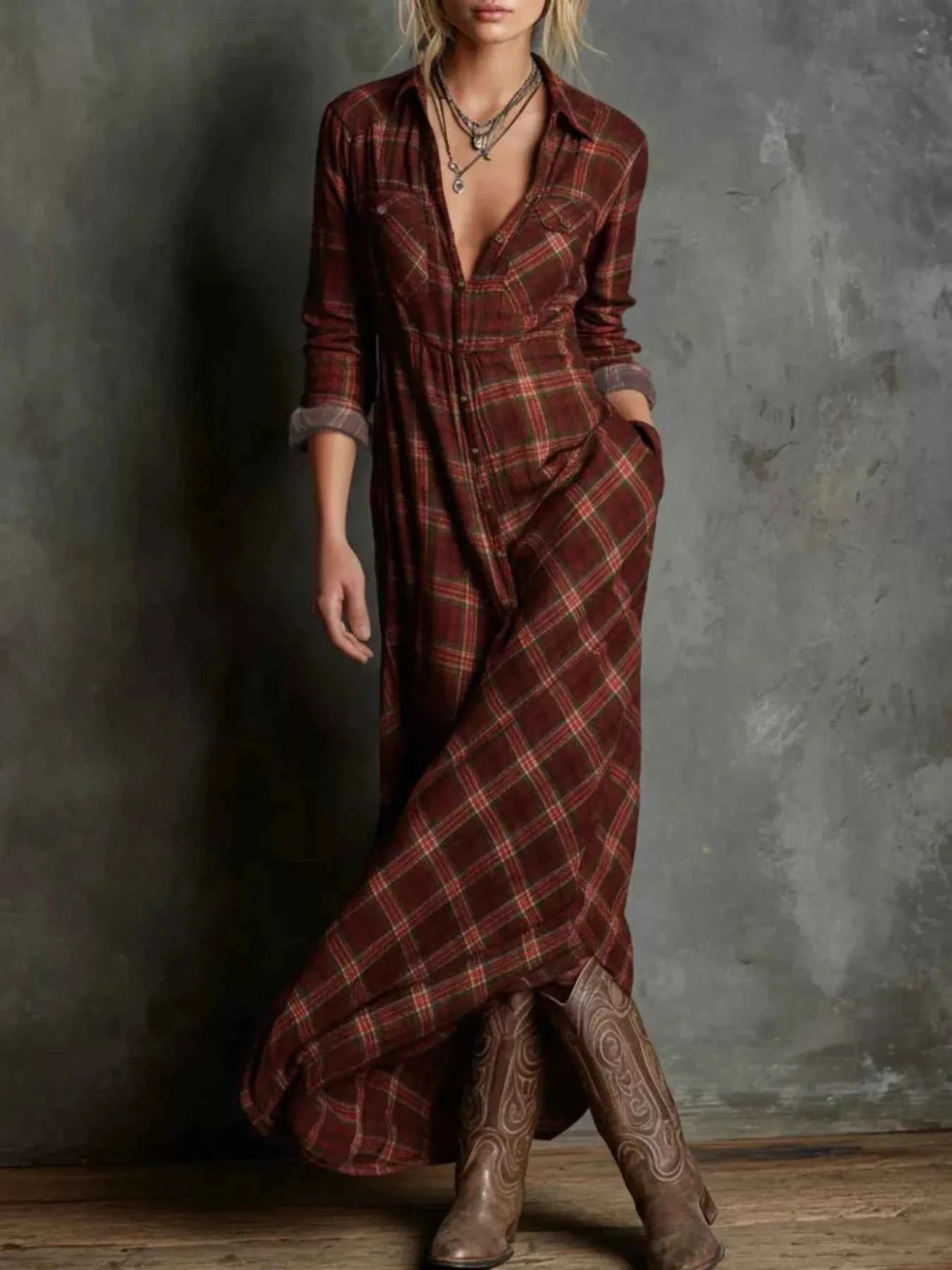 Plaid Button Front Maxi Shirt Dress