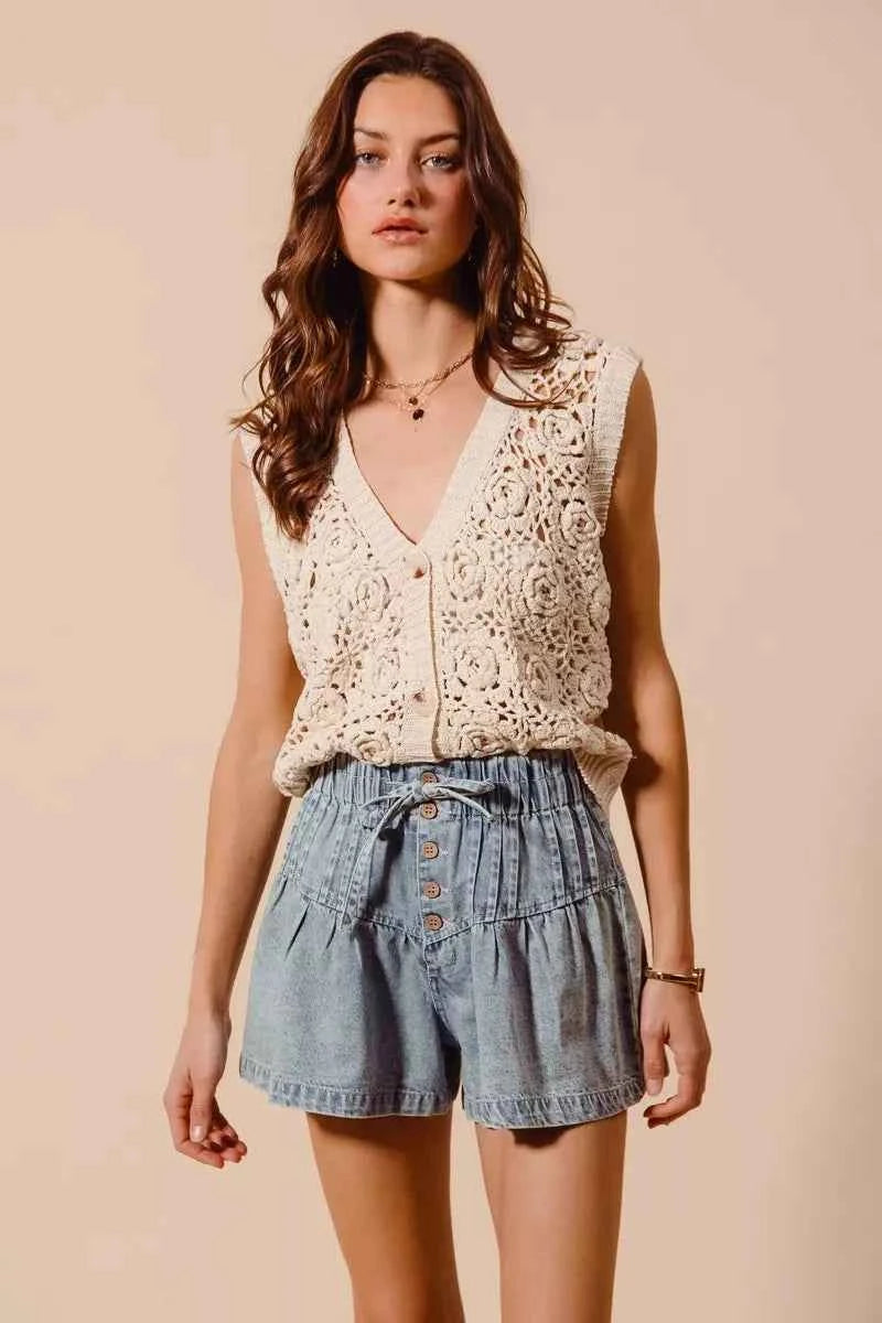 SO ME Flared Denim Shorts with Elasticized Waist