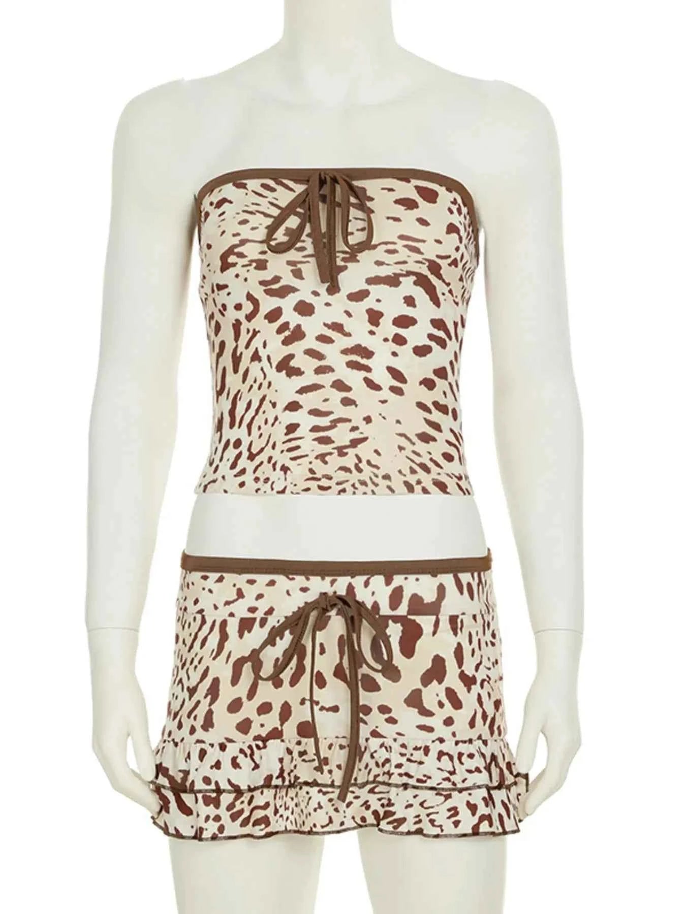 Leopard Print Strapless Top and Skirt Two-Piece Set