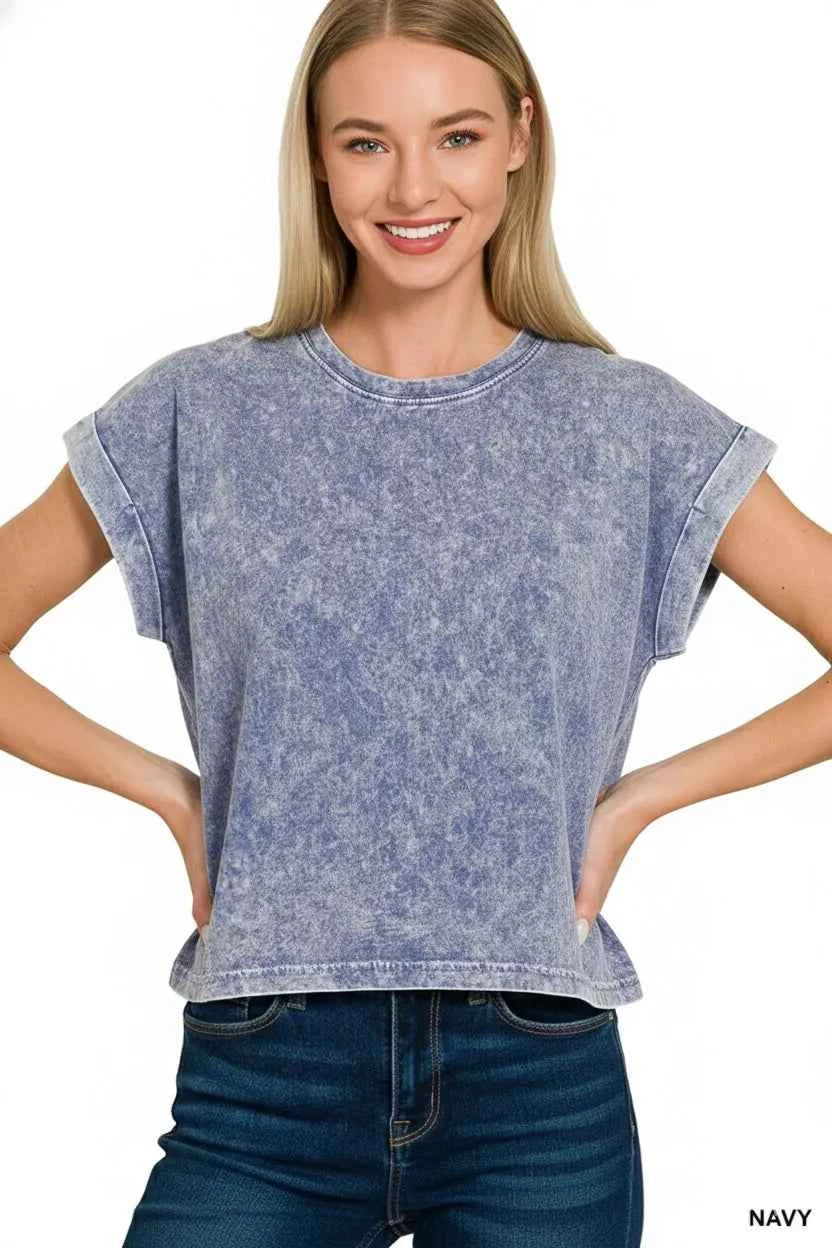 Zenana Halo Washed Cotton Cuffed Short Sleeve Top