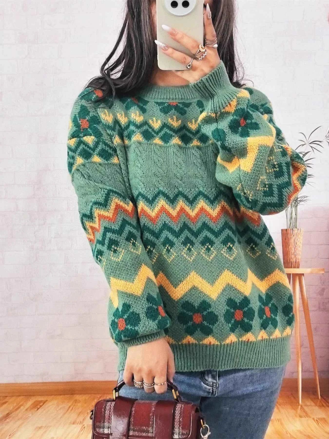 Geometric Round Neck Long Sleeve Sweater