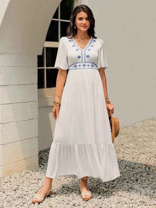 Ruffled Hem V-Neck Flutter Sleeve Dress