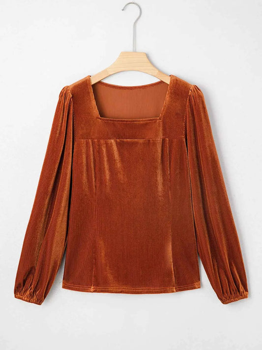 Velvet Ribbed Texture Square Neck Slim Puff Sleeve Top