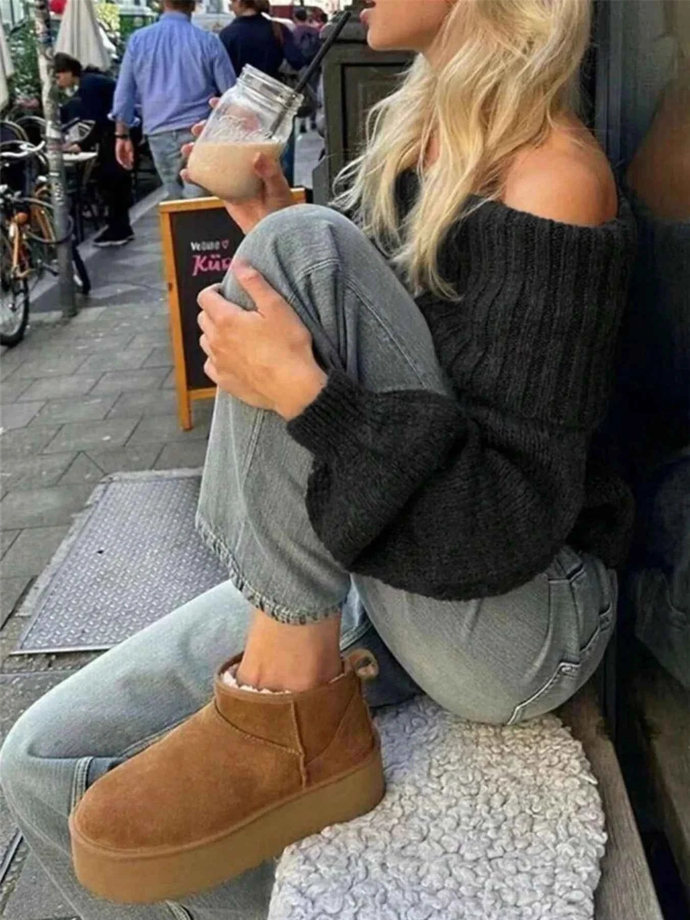 Off-Shoulder Ribbed Long Sleeve Sweater