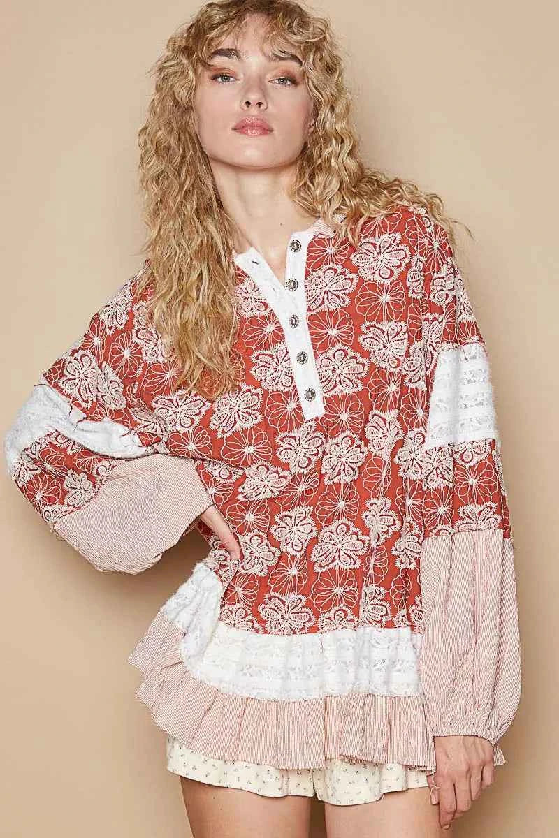 POL Ruffled Hem Floral Pattern Balloon Sleeve Hoodie
