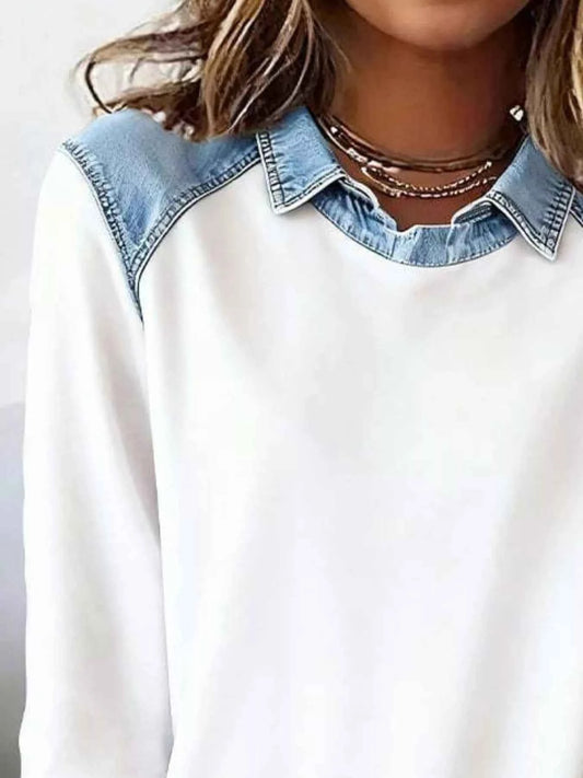 Full Size Denim Trim Long Sleeve Top Plus Size