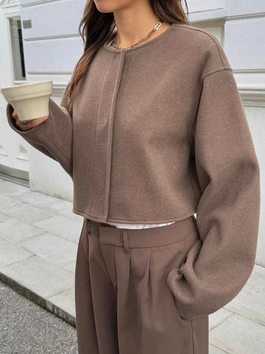 Button-Front Dropped Shoulder Cropped Jacket