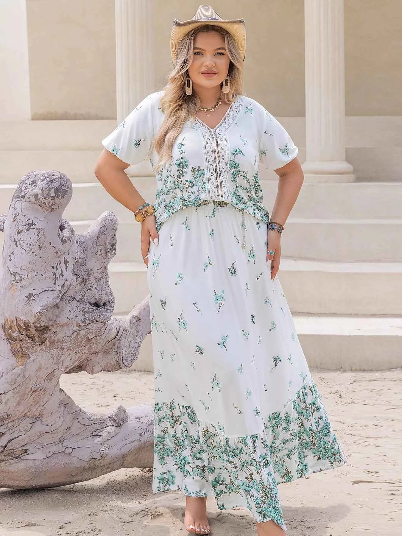Plus Size Printed Lace Detail Short Sleeve Top and Skirt Set