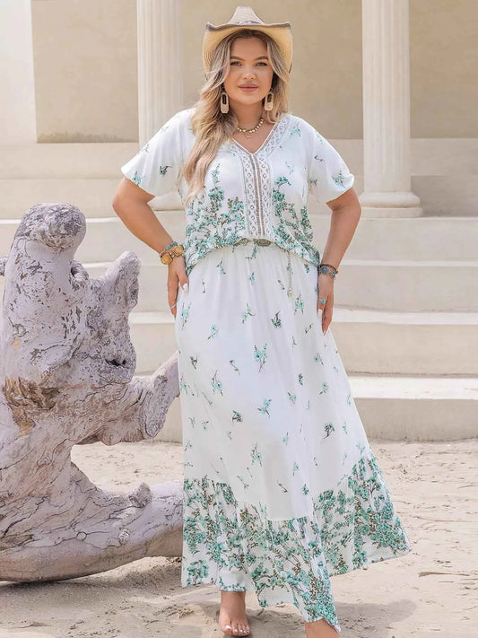 Plus Size Printed Lace Detail Short Sleeve Top and Skirt Set