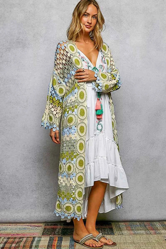 POL Scalloped Edge Open Front Crochet Cardigan with Colorful Stripe Pattern