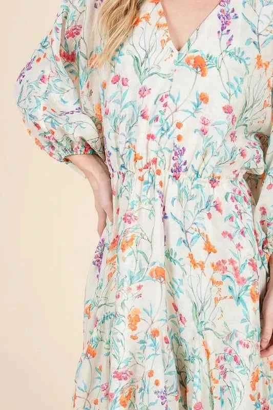 Lime 'N' Chili Floral Cinched Waist Balloon Sleeve V-Neck Dress