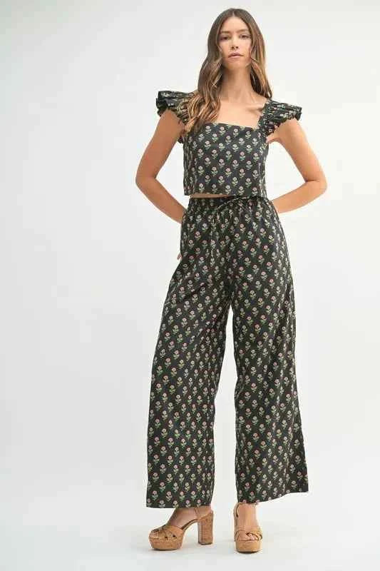 MABLE Floral Print Ruffle Top and Pants Set