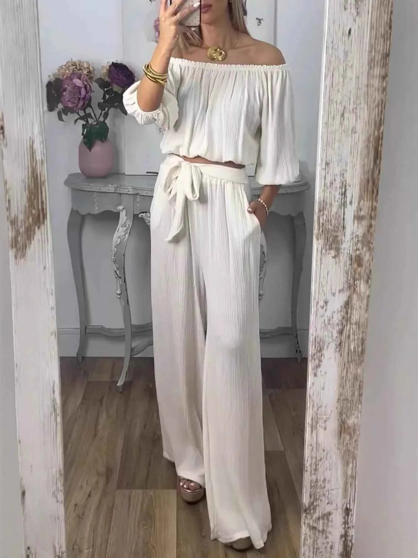 Full Size Off-Shoulder Top and Pants Set Plus Size