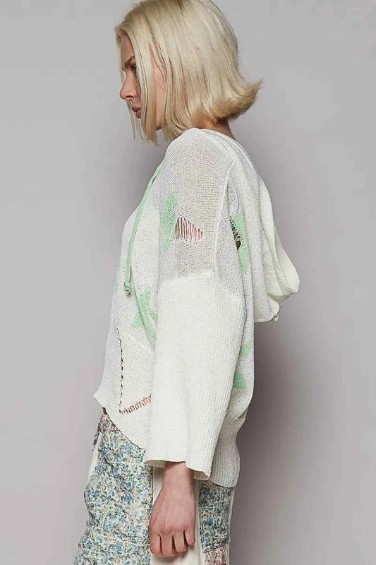 POL Distressed Lace-Up Star Pattern Hooded Hooded Sweater