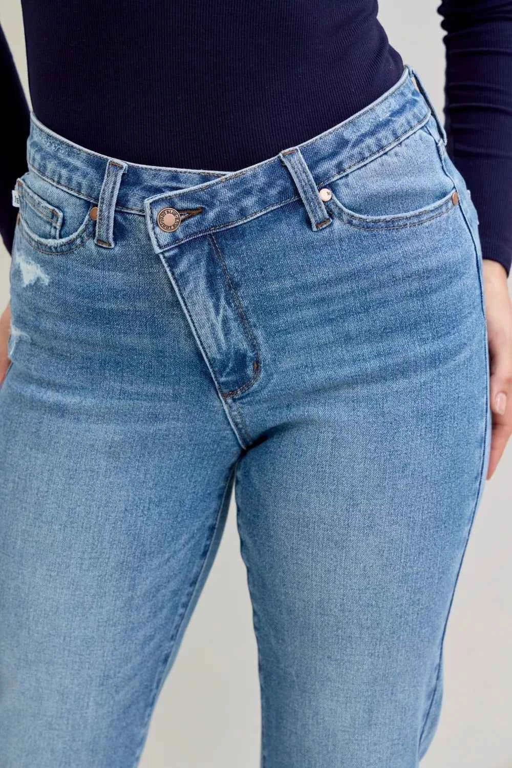 Judy Blue High Waist Bf Criss-cross Mild Destroy Jeans with Single Cuff