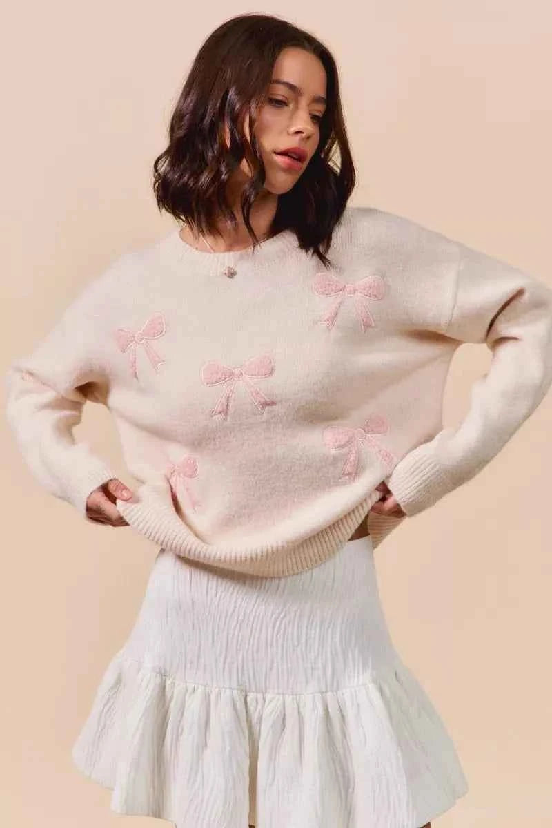 SO ME Embroidered Ribbon Round Neck Sweater