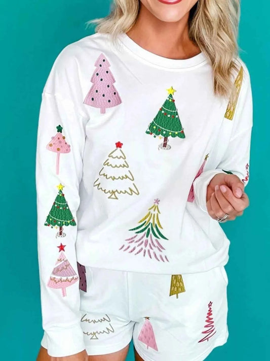 Christmas Tree Round Neck Top and Shorts Set