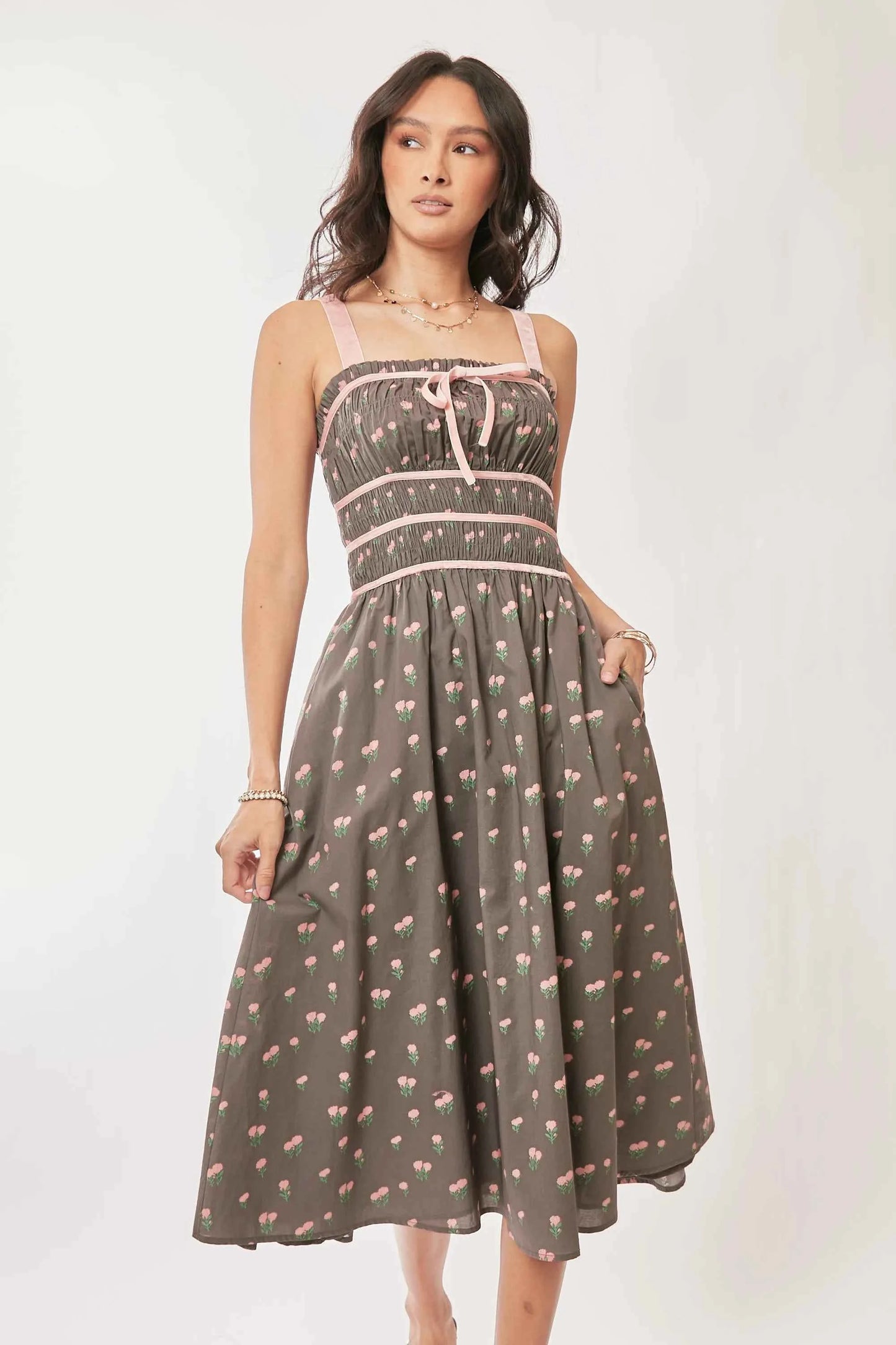 Davi & Dani Contrast Velvet Tape Smocking Bodice Midi Dress