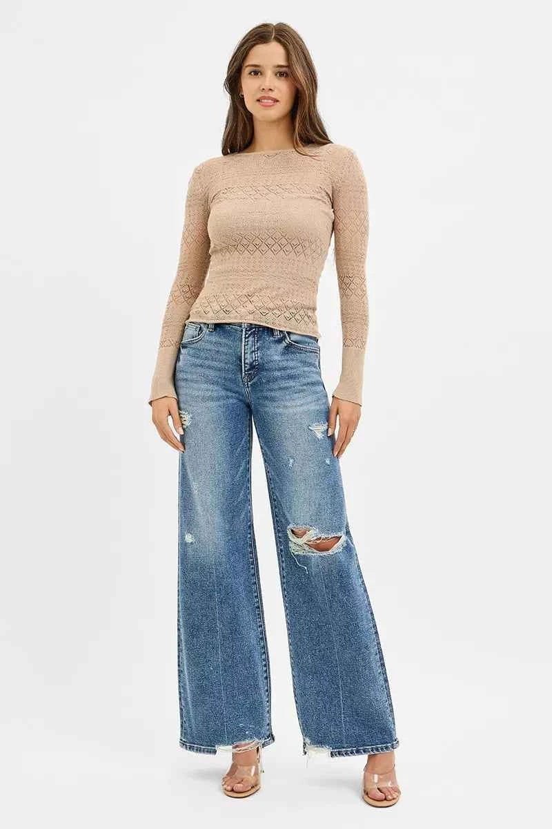 RISEN Tummy Control Mid Rise Fit Wide Jeans