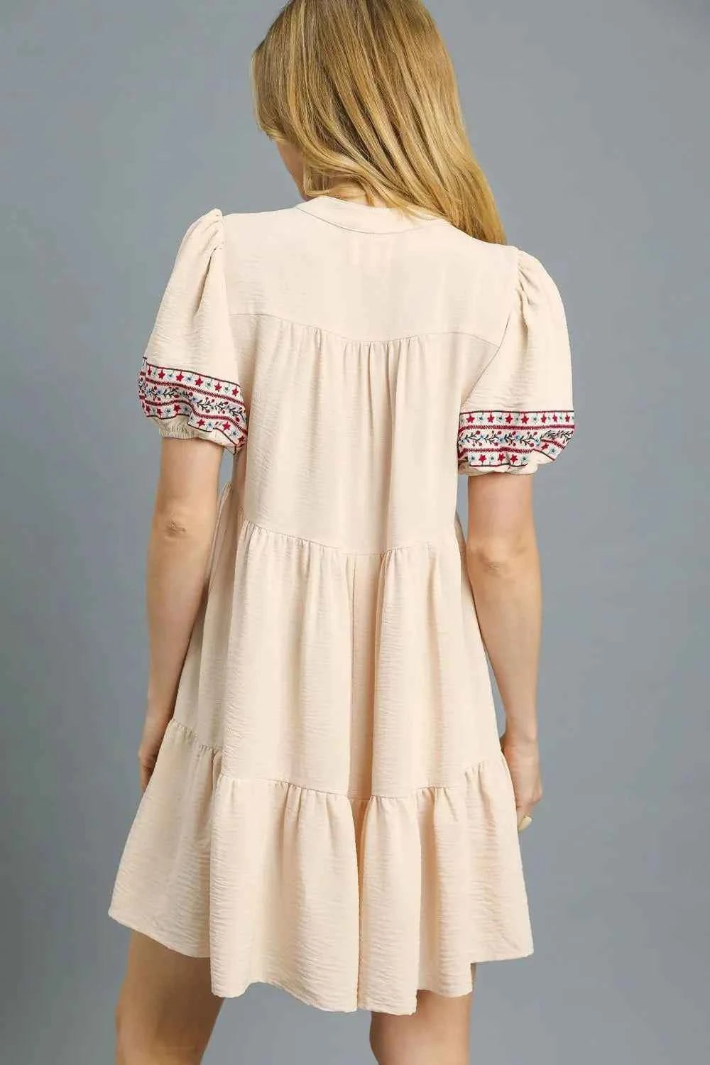 Umgee Floral Trim Puff Sleeve Mini Dress