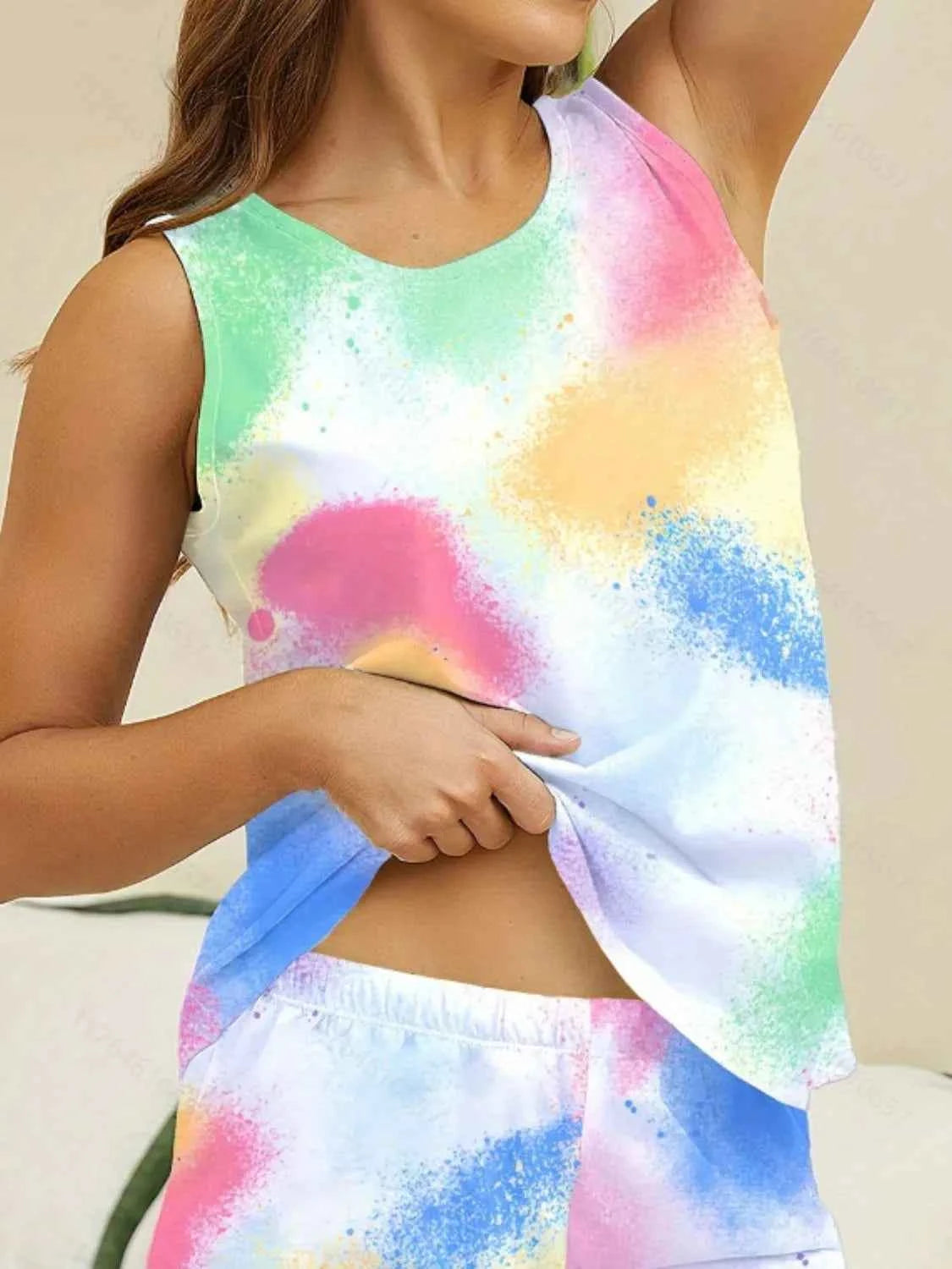 Printed Round Neck Top and Shorts Lounge Set