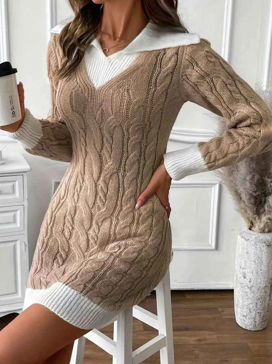 Cable Knit Contrast Trim Sweater Dress