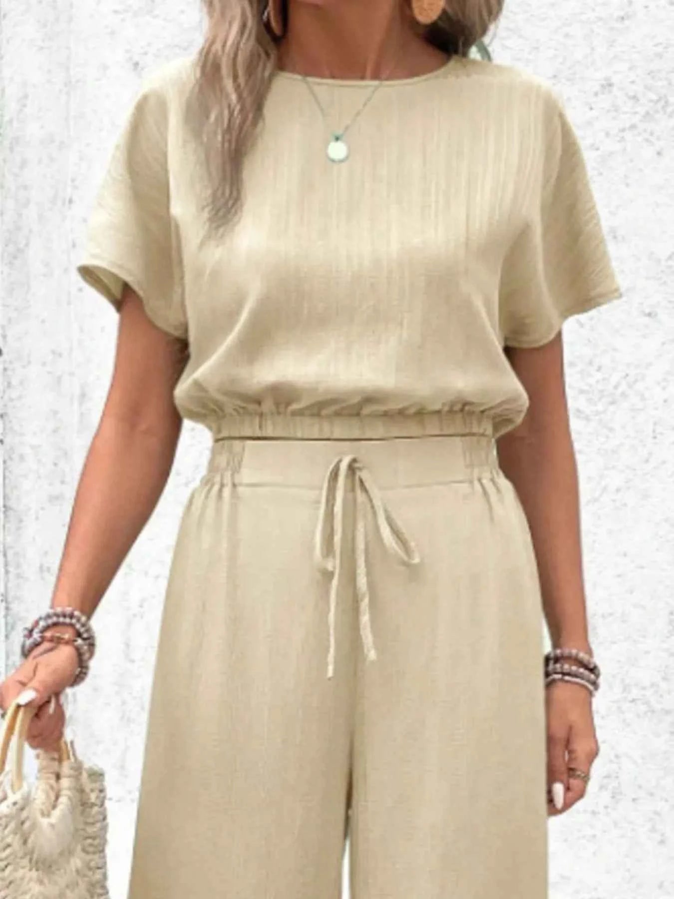 Round Neck Short Sleeve Top and Pants Set