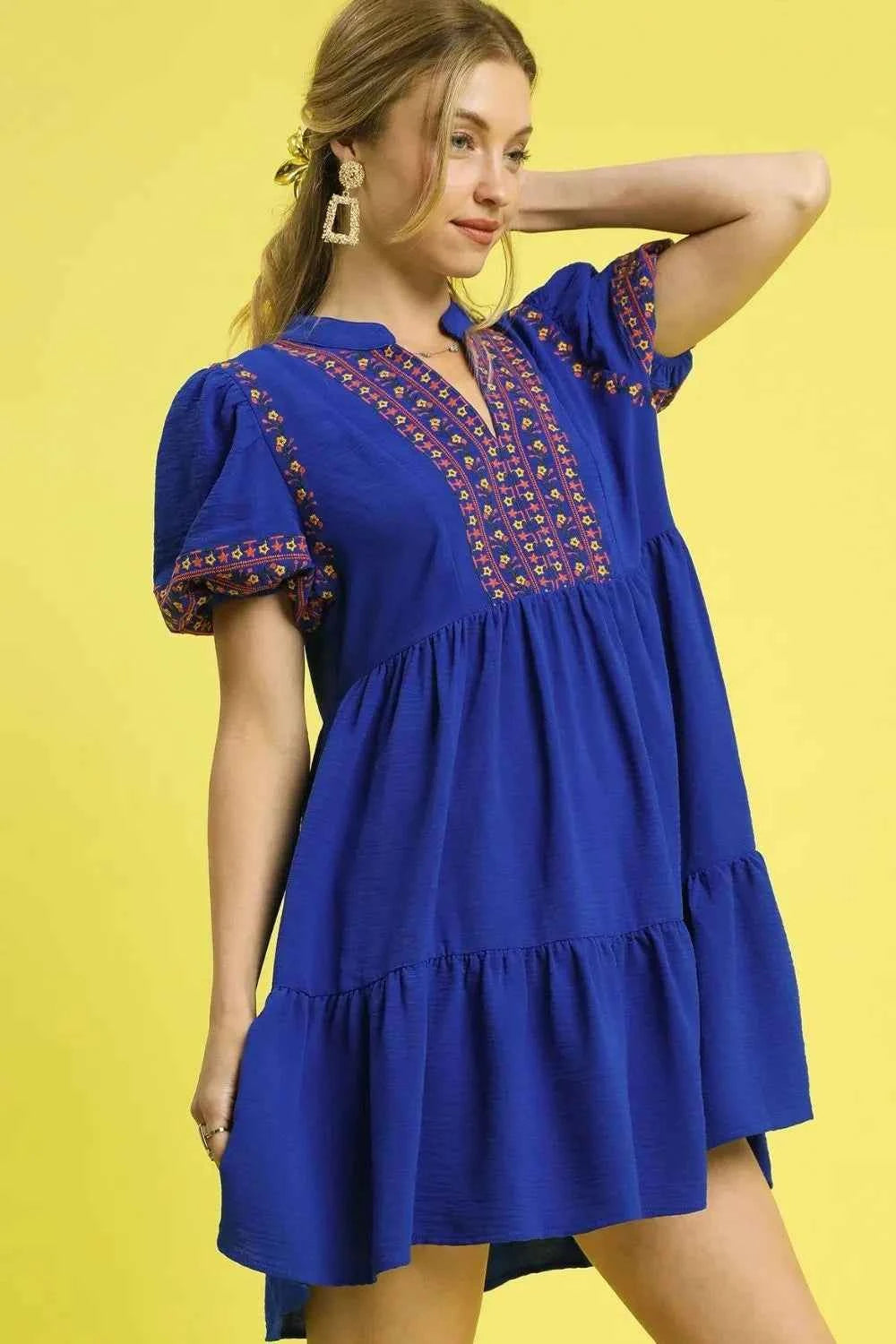 Umgee Floral Trim Puff Sleeve Mini Dress