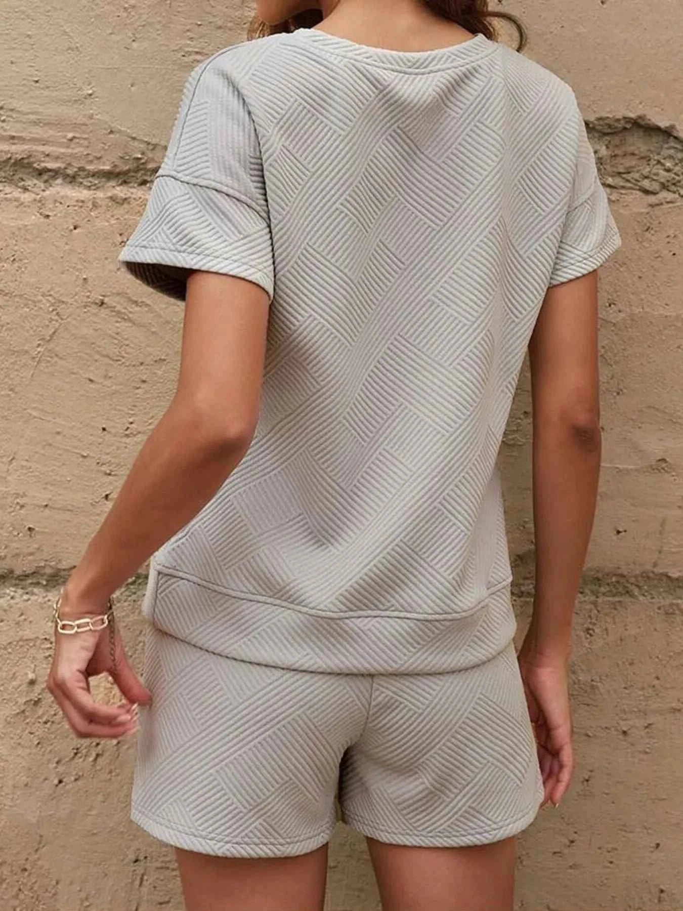 Textured Round Neck Top and Shorts Two-Piece Set