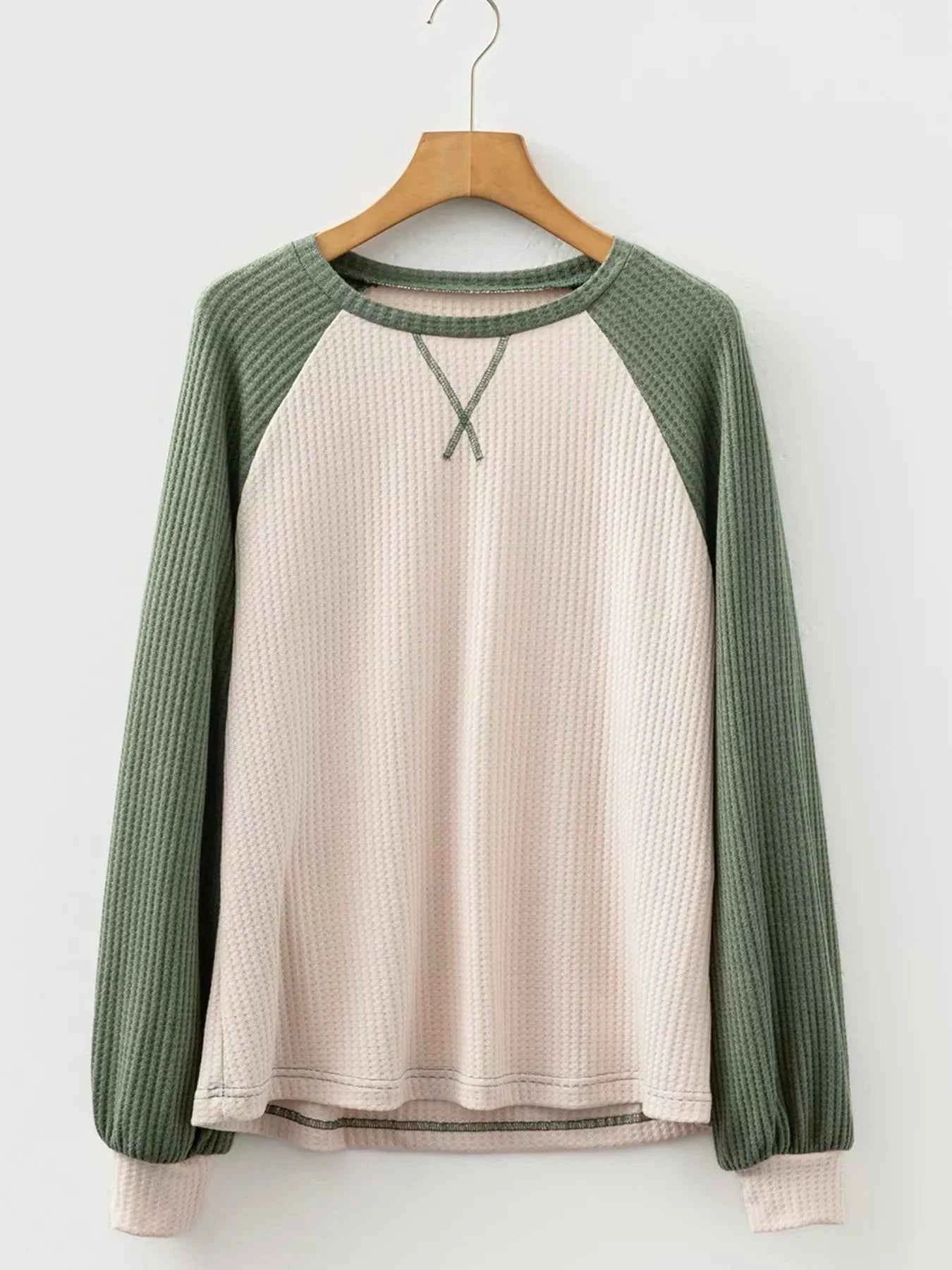 Waffle Color Block Raglan Sleeve Top