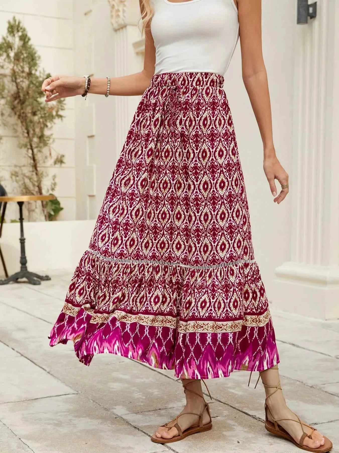 Bohemian Printed Ruched Maxi Skirt