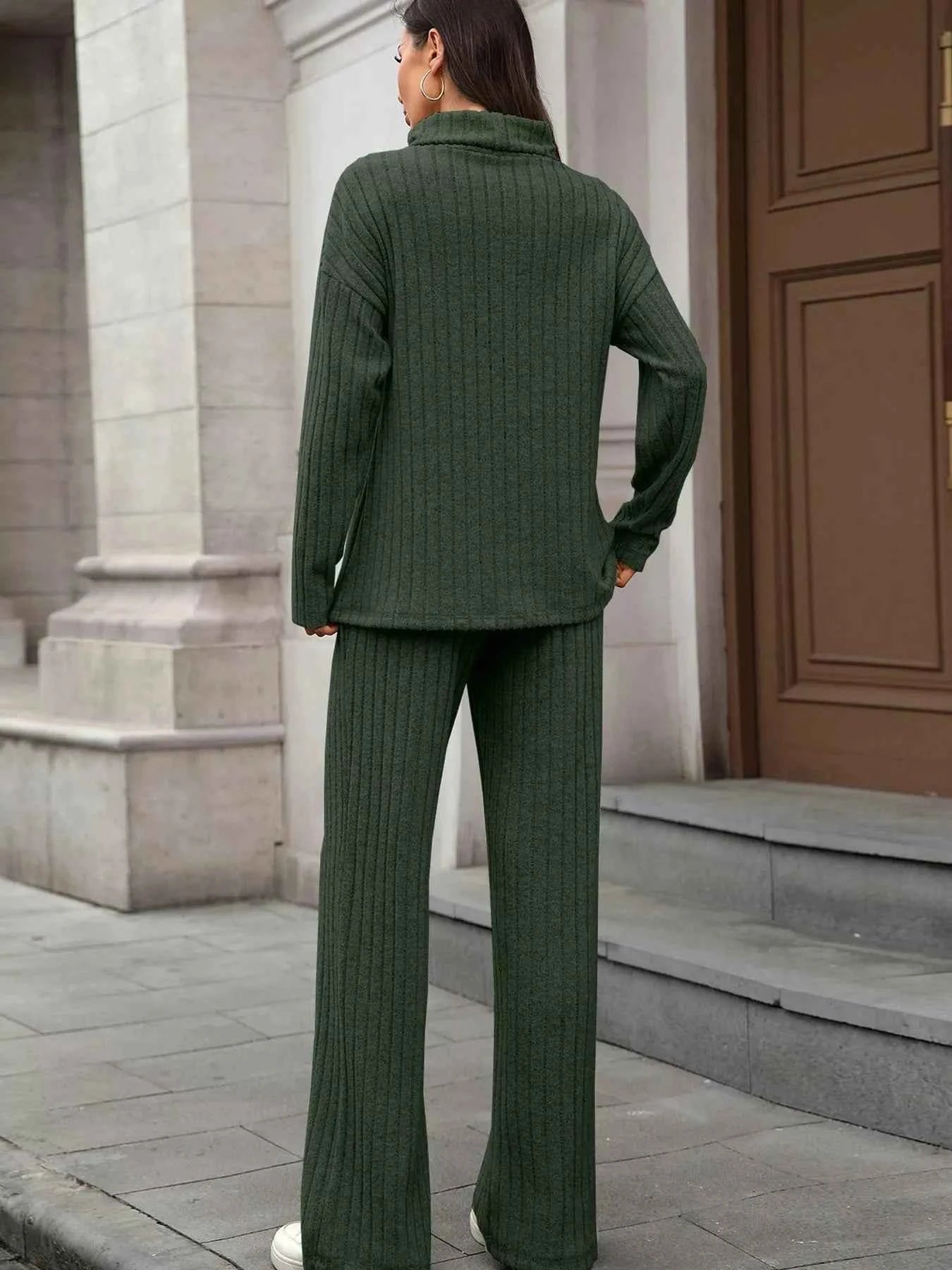 Ribbed Turtleneck Dropped Shoulder Top and Pants Sweater Set