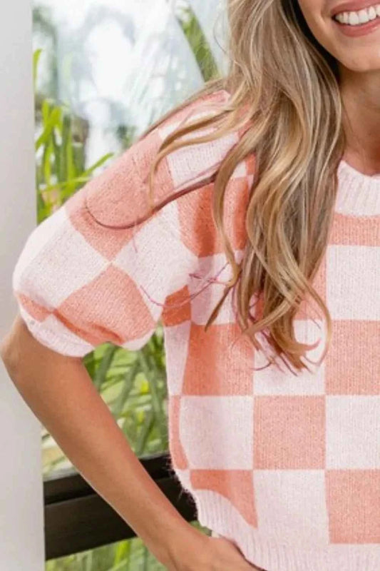 BiBi Check Pattern Short Puff Sleeve Sweater Top