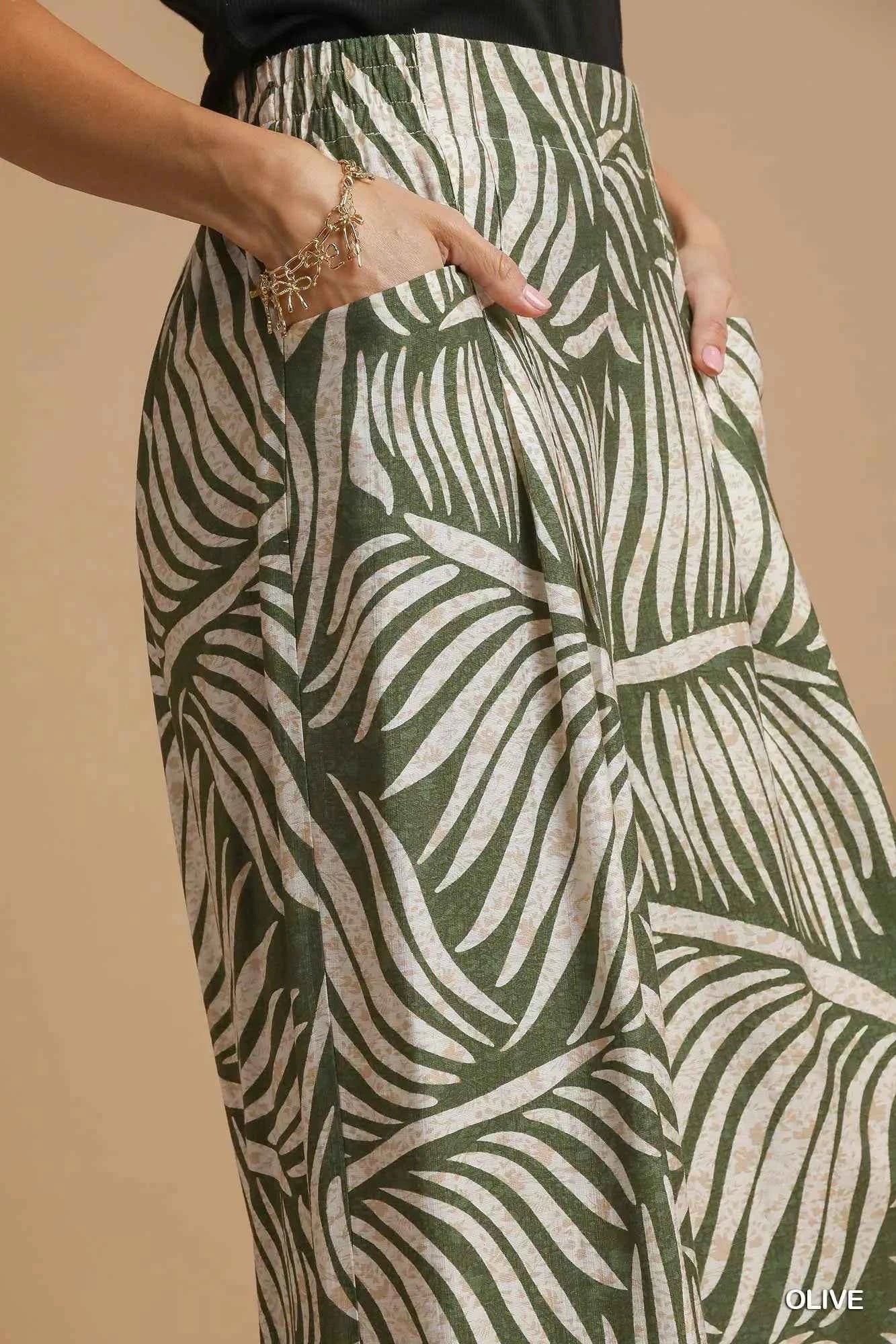 Umgee Palm Leaf Print Wide Leg Culotte Pants