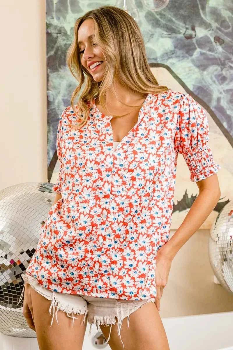BiBi Floral Jqd Smoked Puff Sleeves V Neck Top