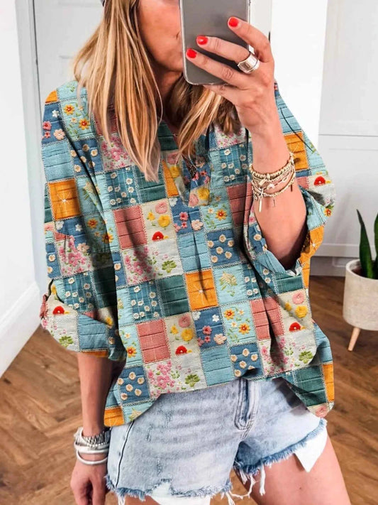Patchwork Print Notched Long Sleeve Blouse